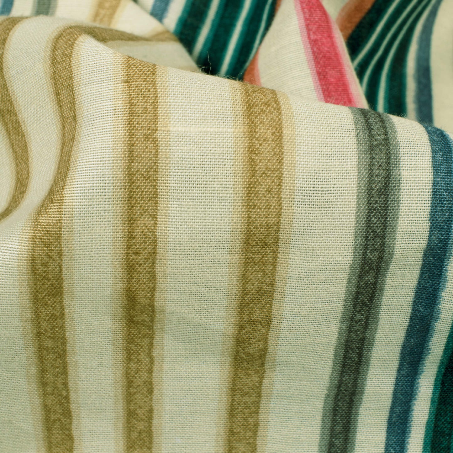 Cream And Green Stripes Pattern Screen Print Muslin Fabric - Fabcurate