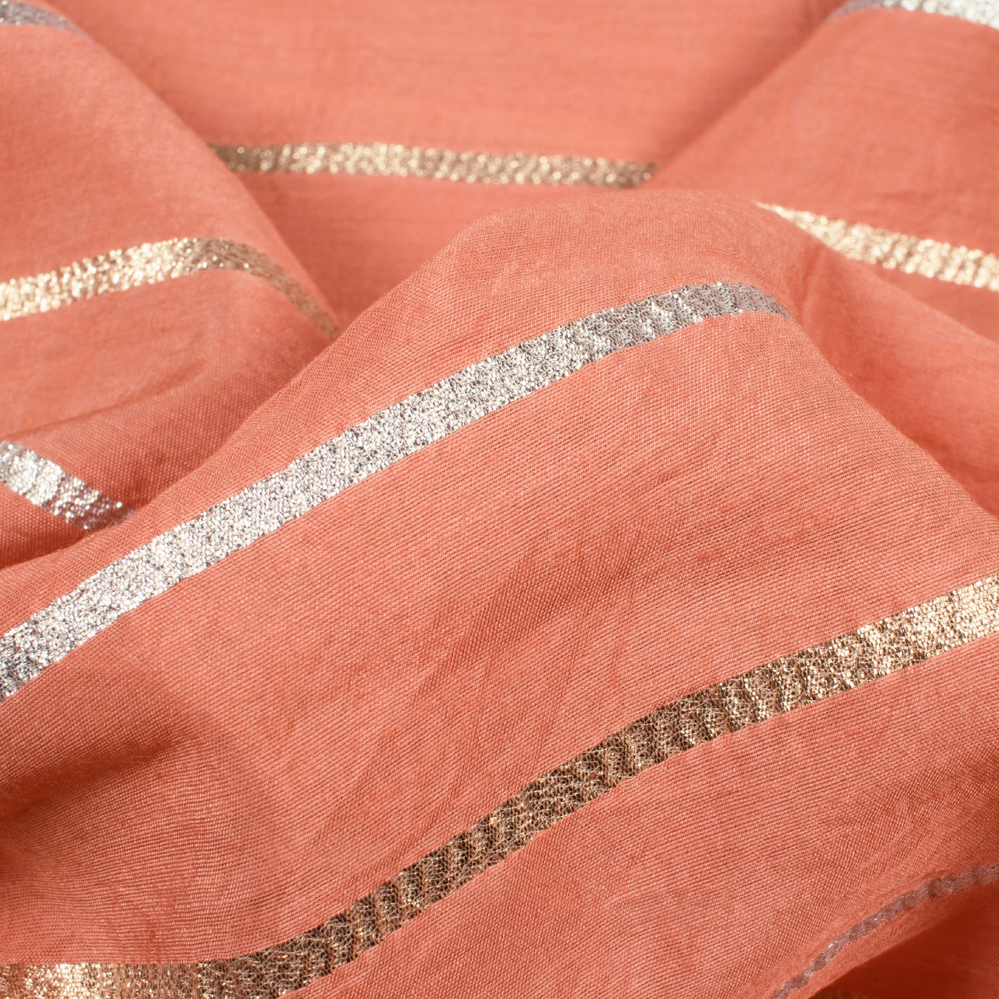 Peach Stripes Pattern Muslin Lurex Fabric - Fabcurate
