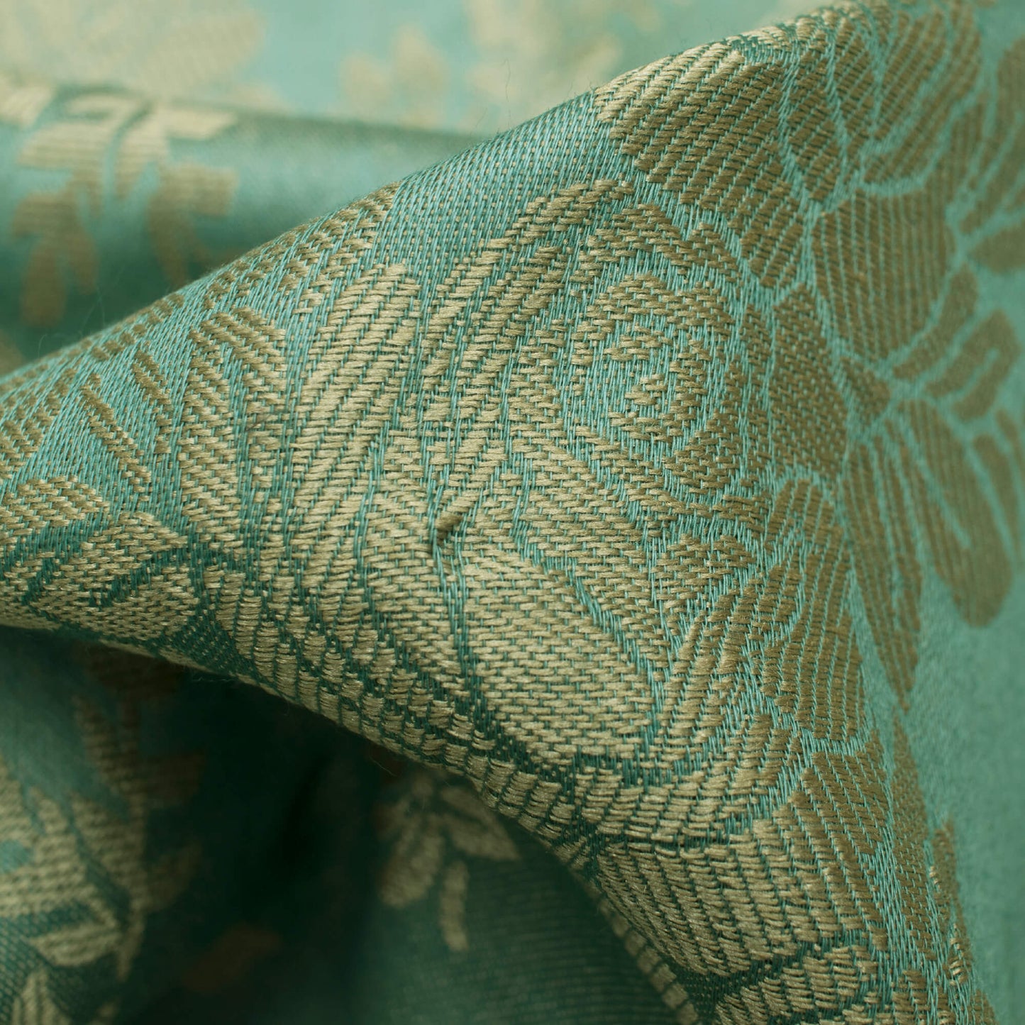 Powder Green And Beige Floral Pattern Glazed Cotton Jacquard Fabric - Fabcurate