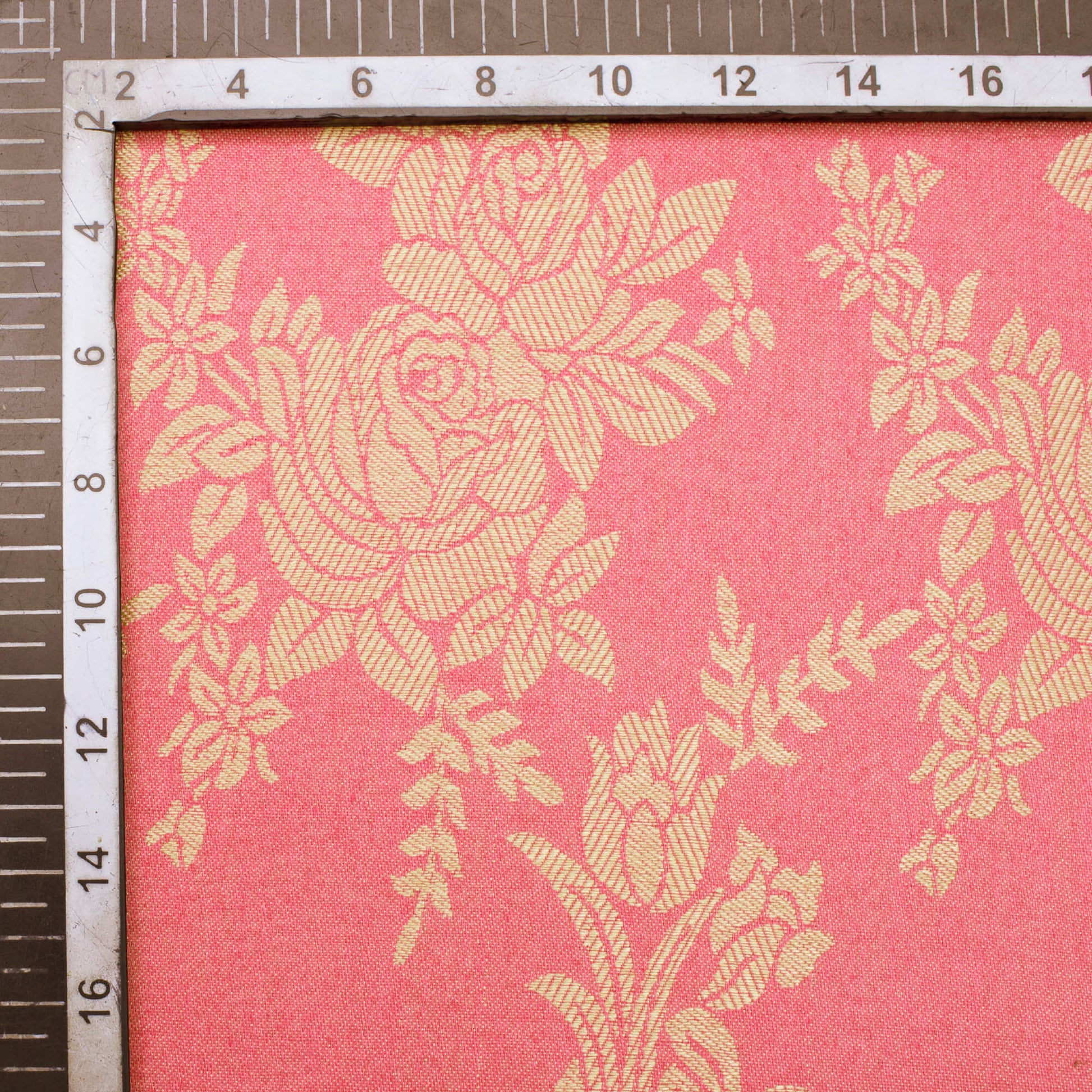 Watermelon Pink And Beige Floral Pattern Glazed Cotton Jacquard Fabric - Fabcurate