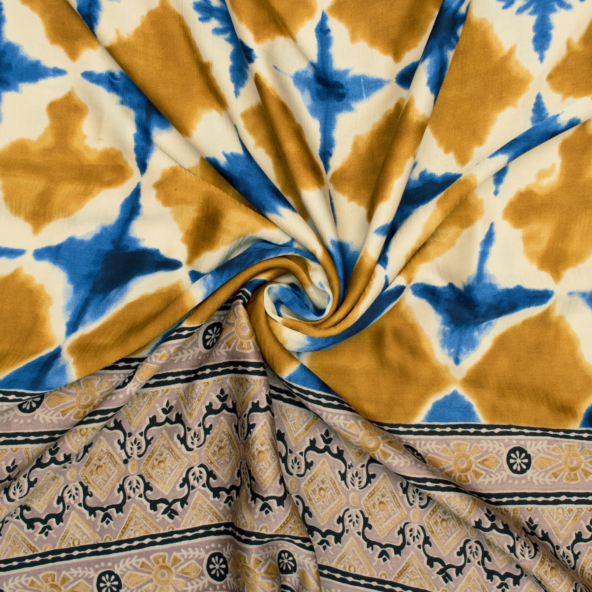 Blue And Mustard Yellow Shibori Pattern Screen Print Modal Satin Fabric - Fabcurate