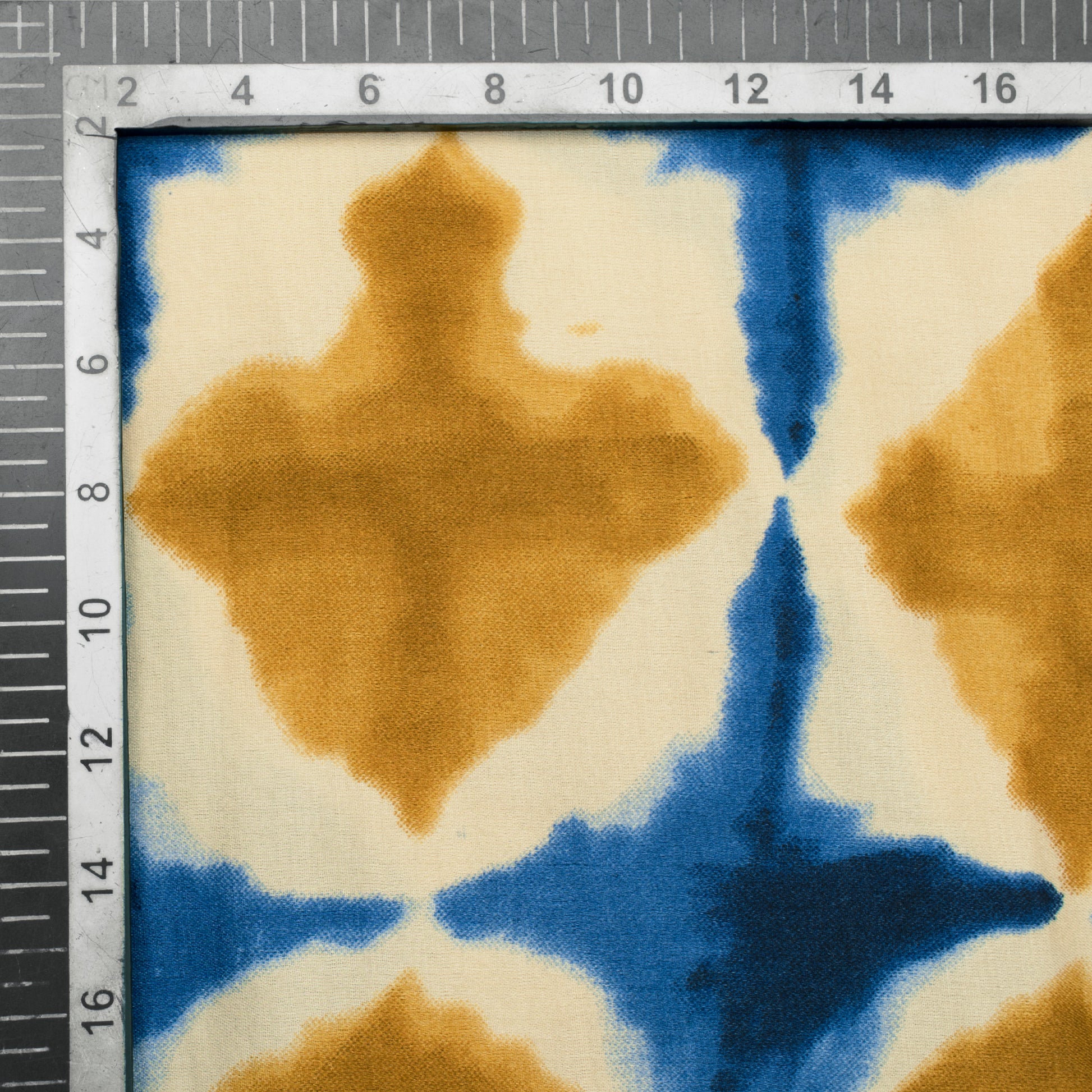Blue And Mustard Yellow Shibori Pattern Screen Print Modal Satin Fabric - Fabcurate
