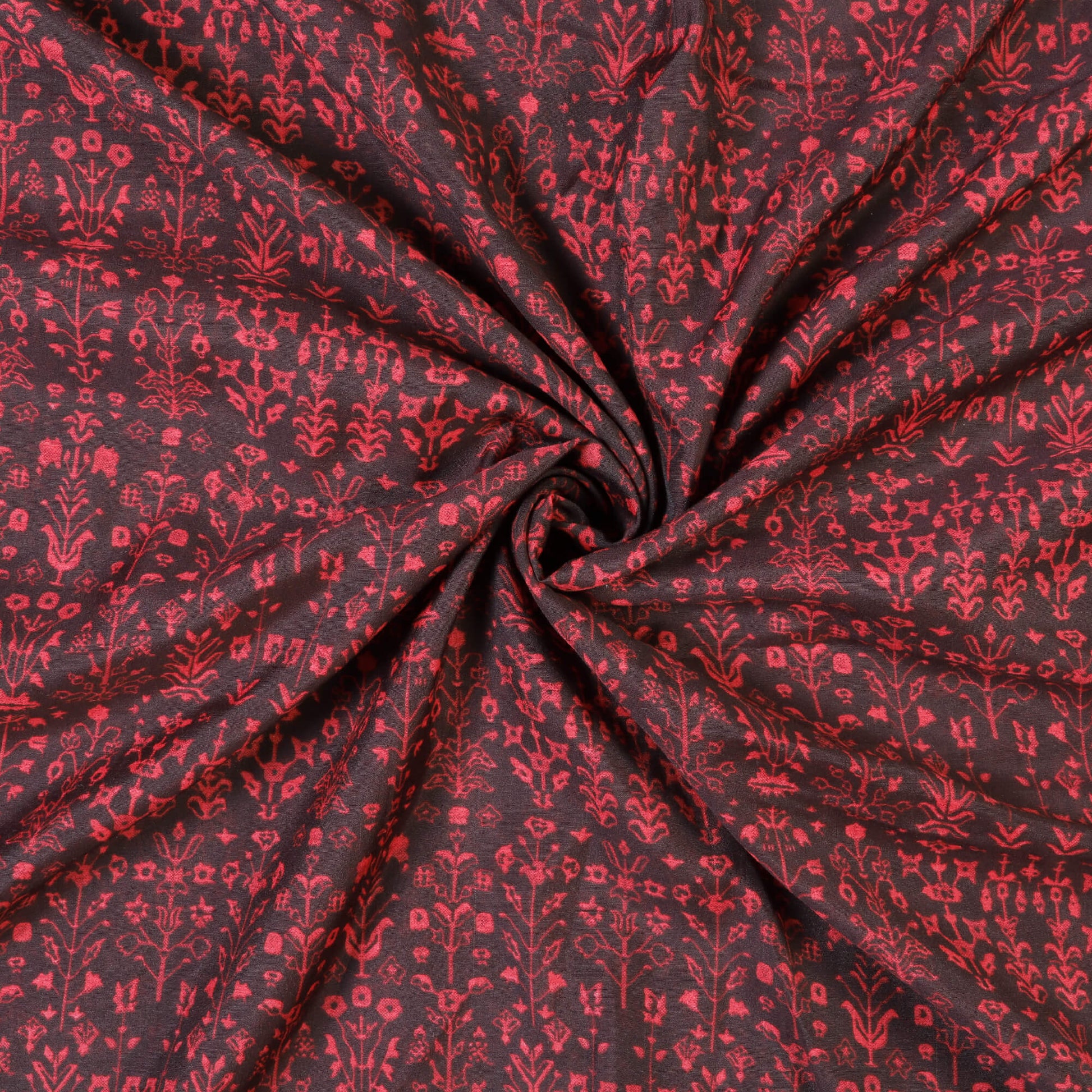 Black And Red Floral Pattern Screen Print Chanderi Fabric - Fabcurate