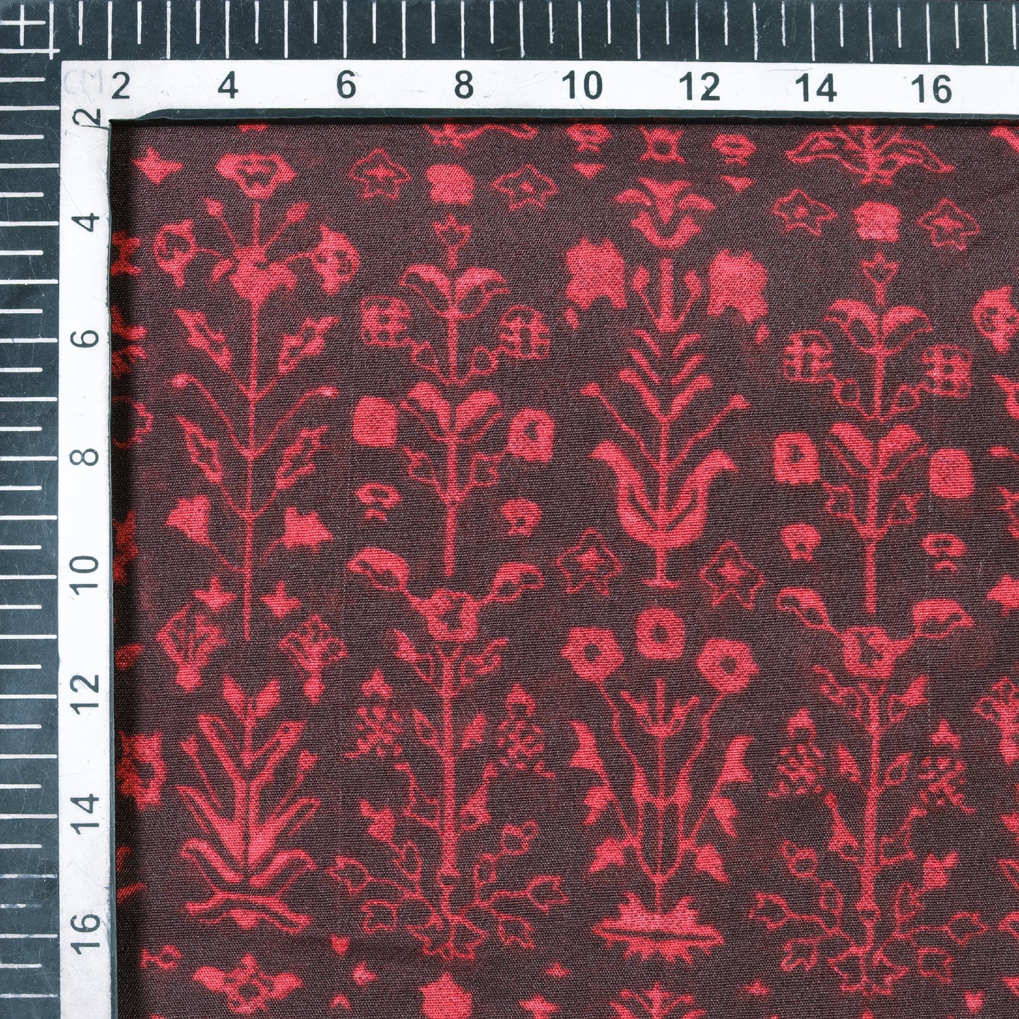 Black And Red Floral Pattern Screen Print Chanderi Fabric - Fabcurate