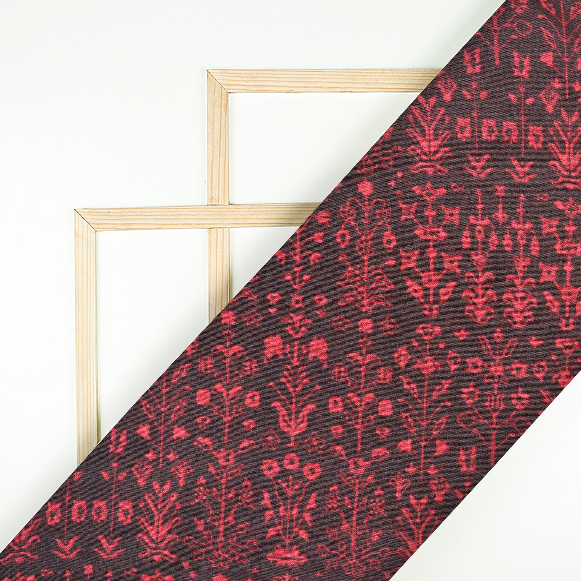 Black And Red Floral Pattern Screen Print Chanderi Fabric - Fabcurate