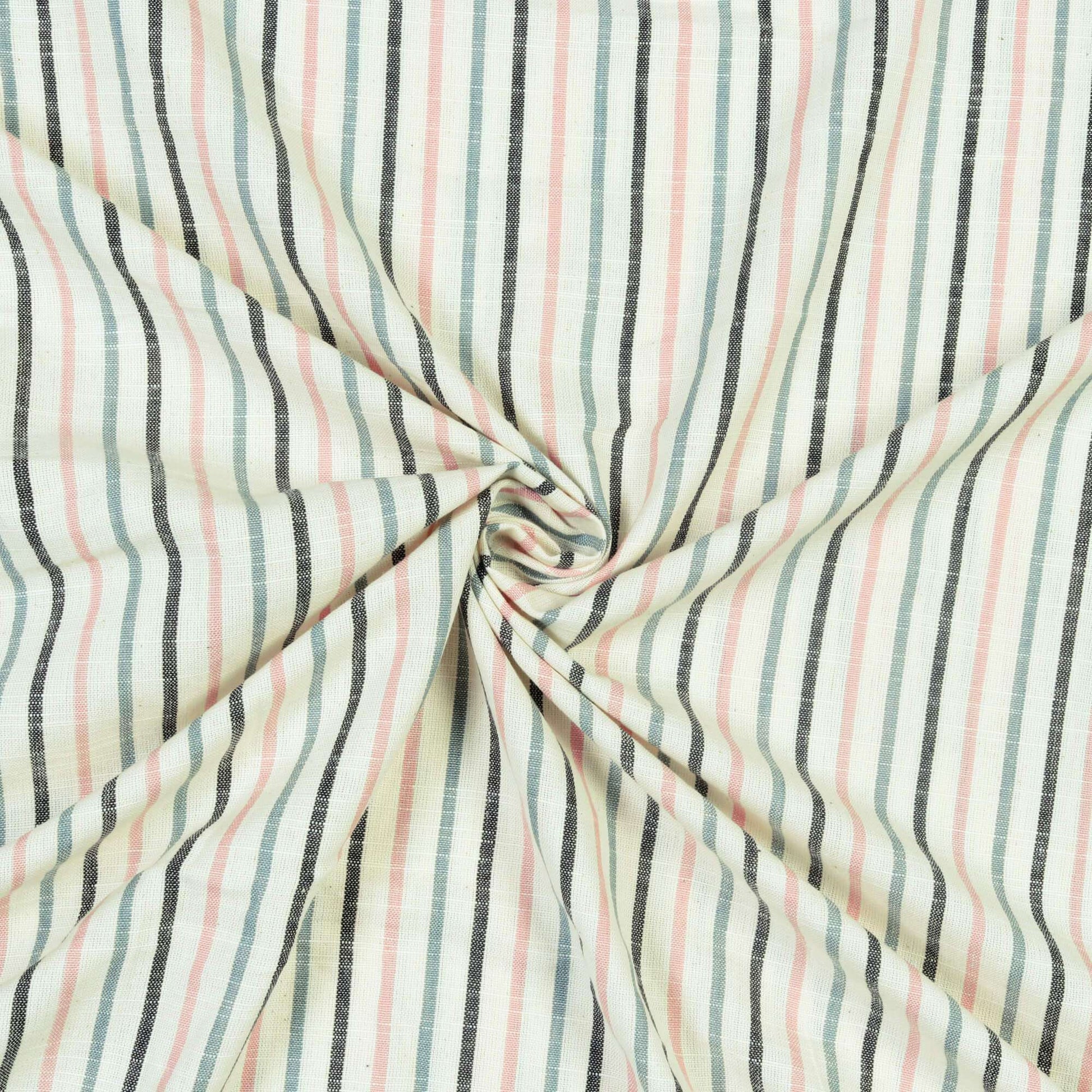 Off White And Rose Pink Stripes Pattern Yarn Dyed Flex Cotton Fabric - Fabcurate