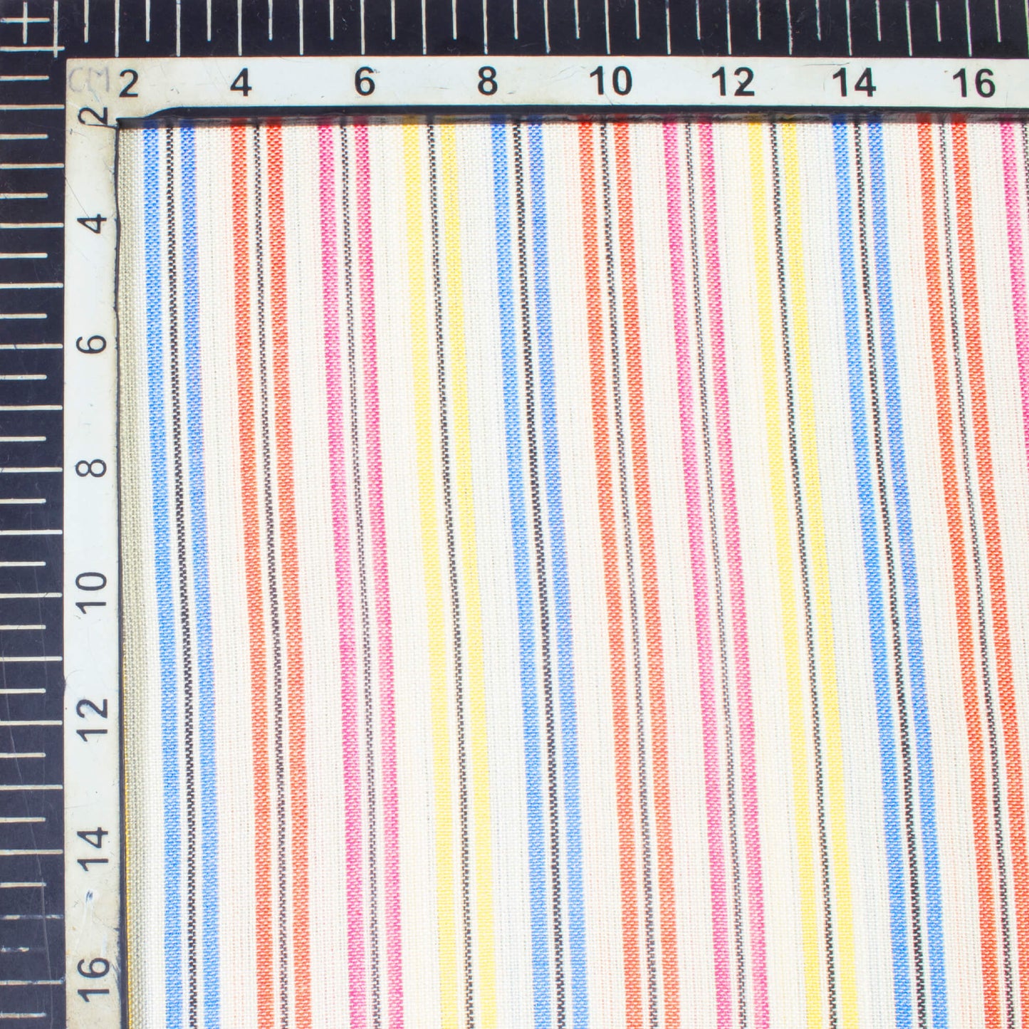 Orange And Flaxen Yellow Stripes Pattern Yarn Dyed Flex Cotton Fabric - Fabcurate