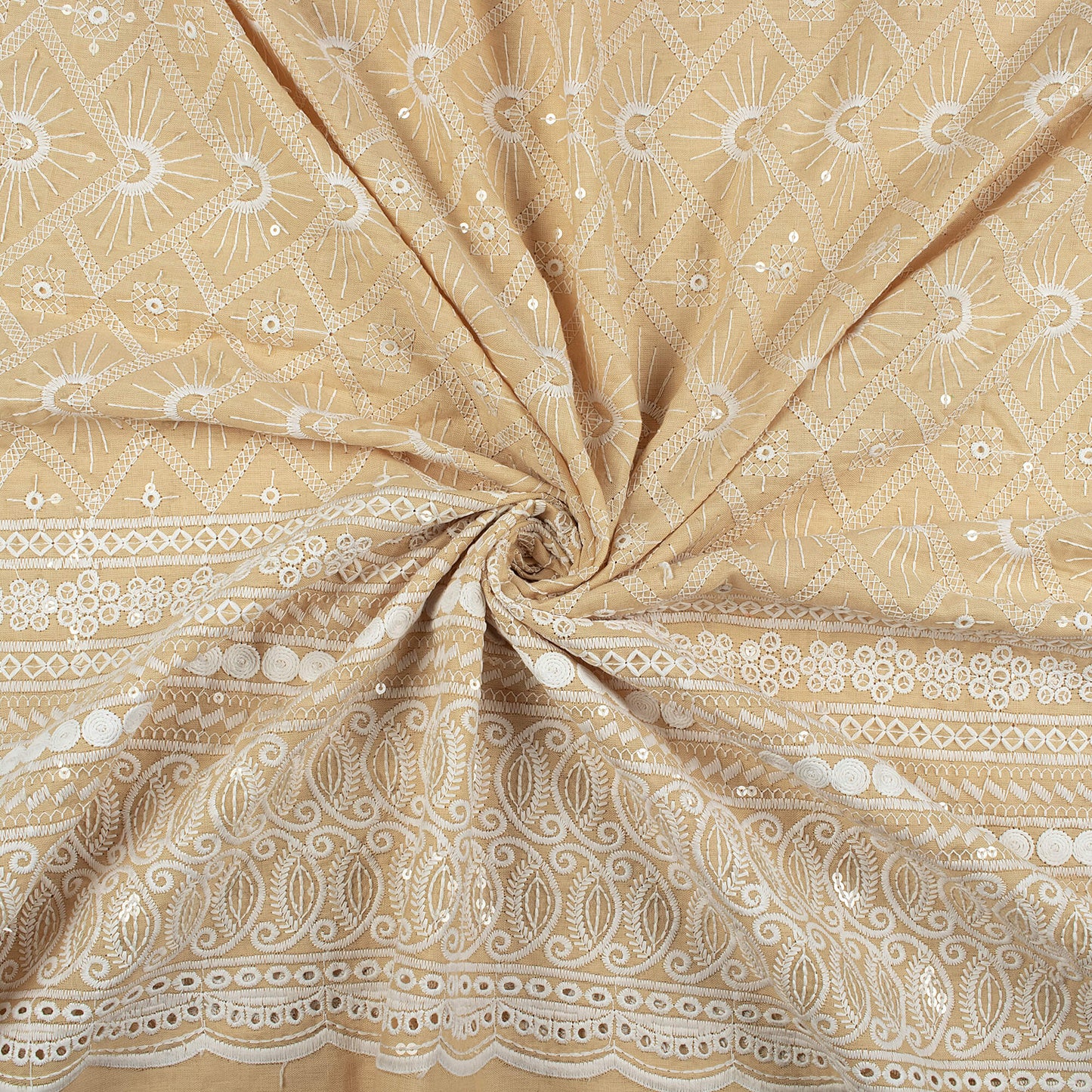 Ivory Cream Traditional Pattern Lucknowi Embroidery With Heavy Bordered Cotton Flex Fabric