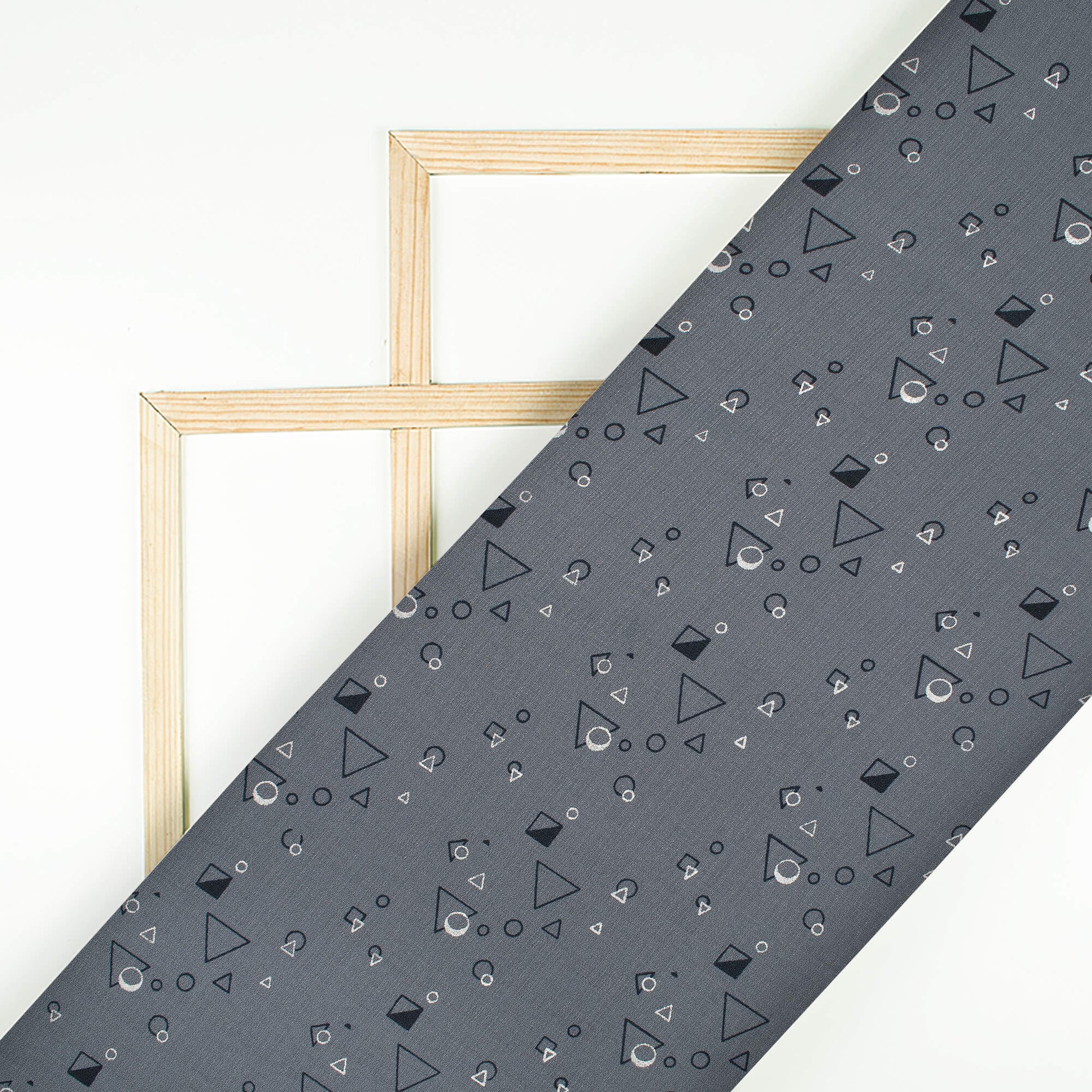 Lead Grey And  Black Geometric Pattern Screen Print Inbox Fabric (Width 56 Inches) - Fabcurate