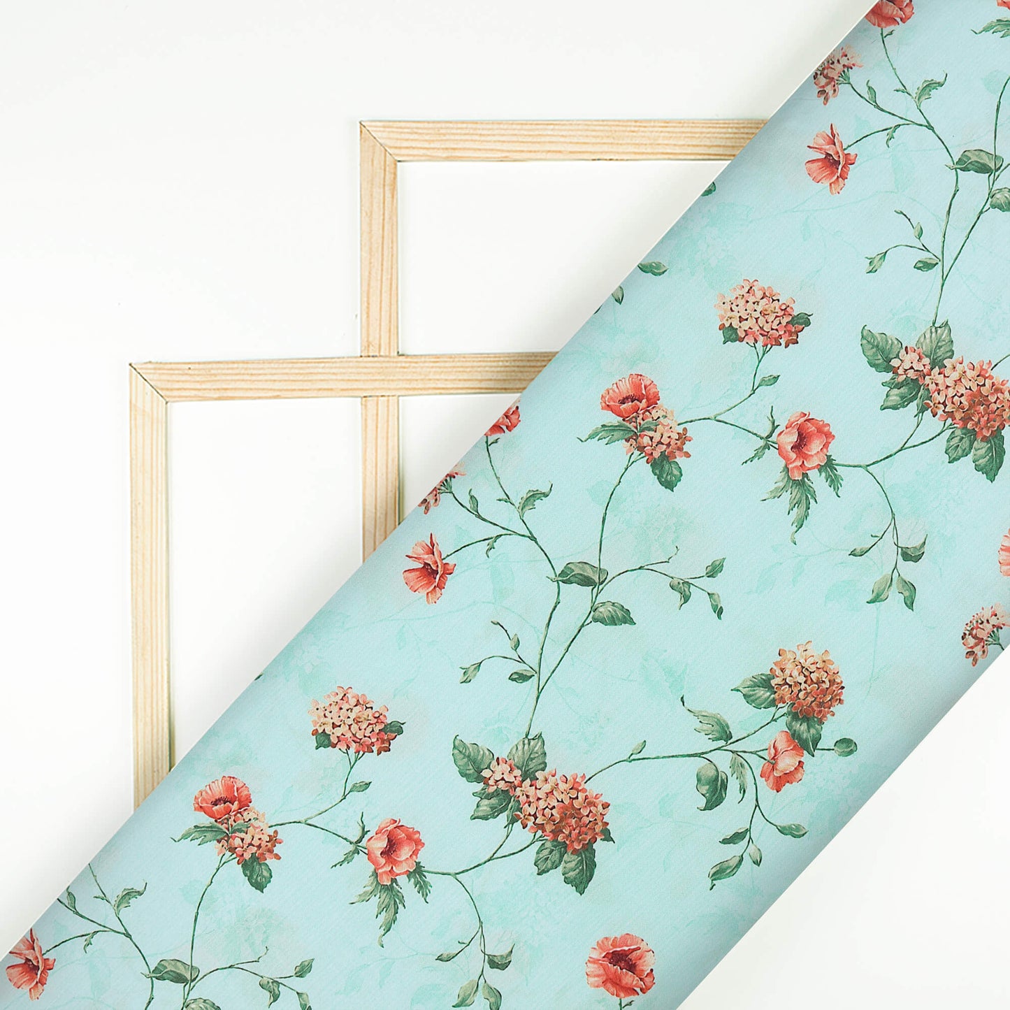 Pale Turquoise And Orange Floral Pattern Digital Print Poly Rayon Fabric (Width 58 Inches)