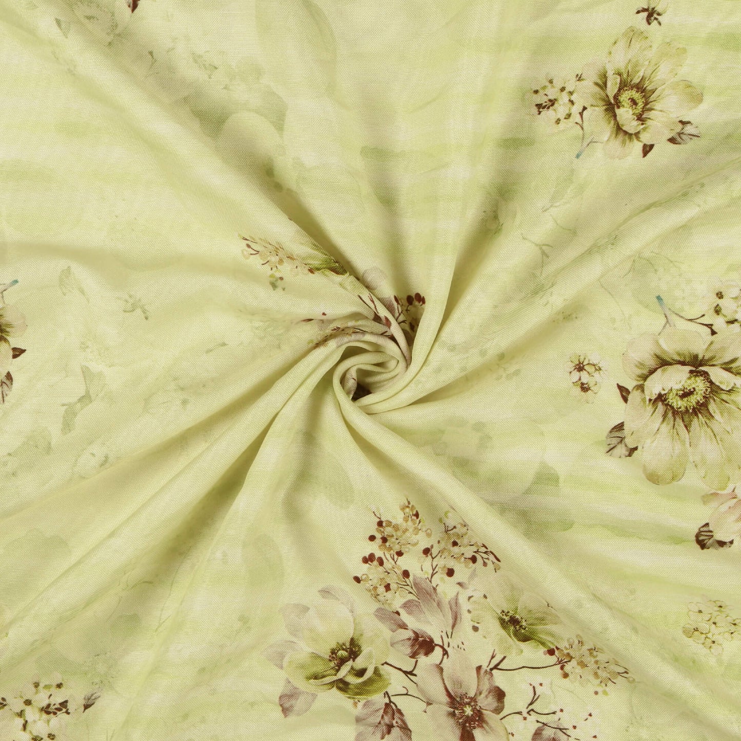 Olive Green And Purple Floral Pattern Digital Print Poly Rayon Fabric (Width 58 Inches)