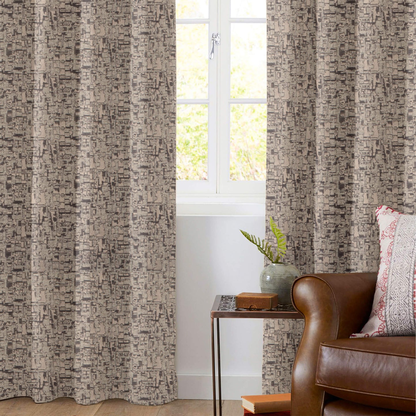 Stone Brown Self Textured Jacquard Premium Curtain Fabric (Width 48 Inches)