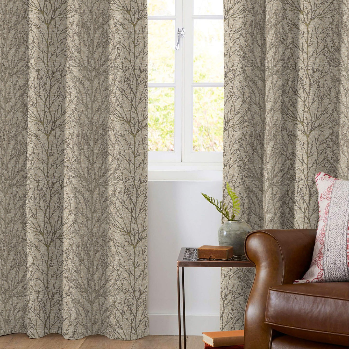 Sand Beige And Brown Abstarct Pattern Jacquard Premium Curtain Fabric (Width 48 Inches)