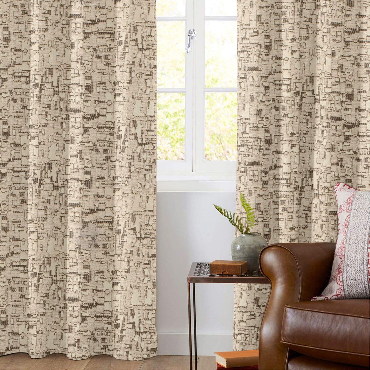 Sand Beige And Brown Self Textured Jacquard Premium Curtain Fabric (Width 48 Inches)