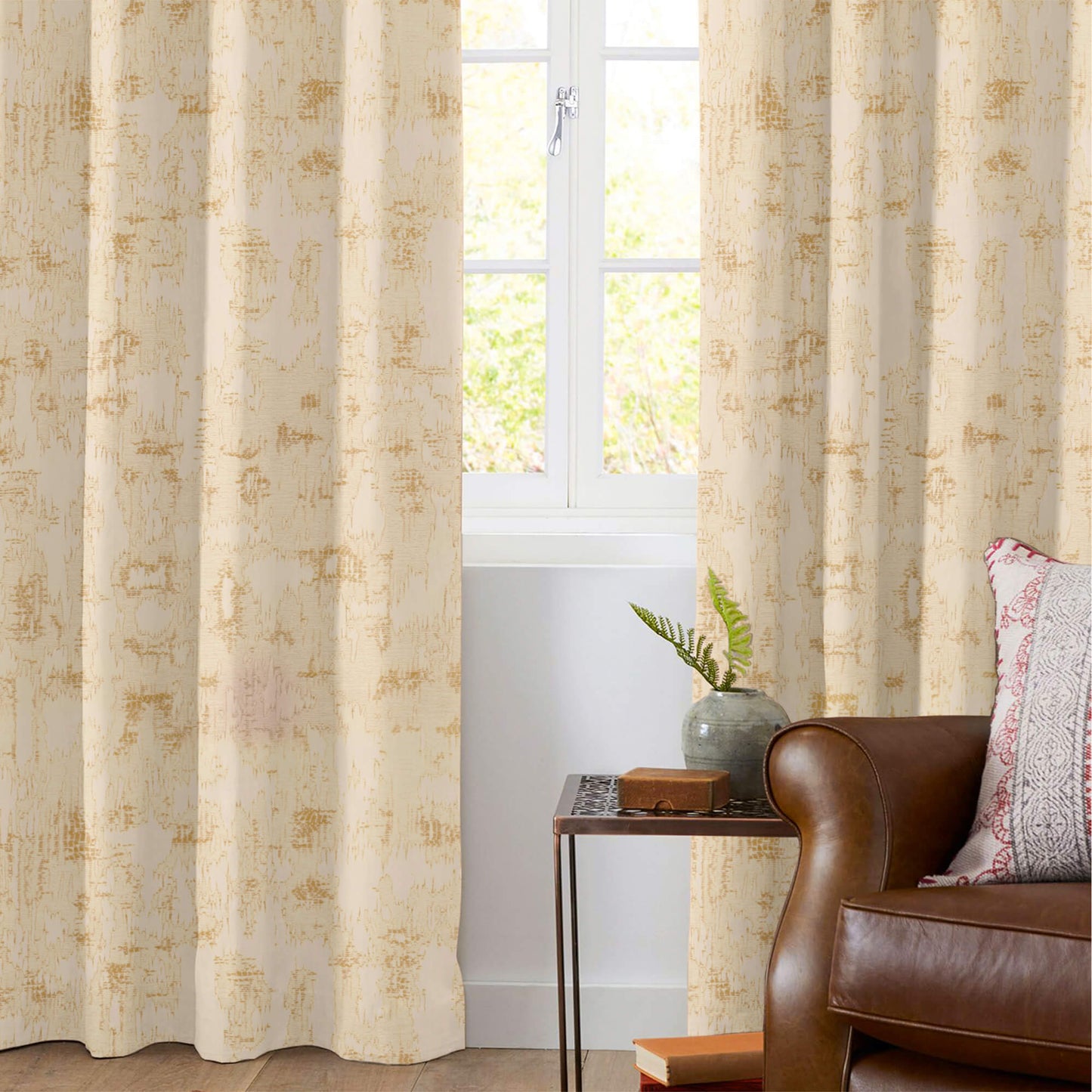 Cream Self Textured Jacquard Premium Curtain Fabric (Width 48 Inches)