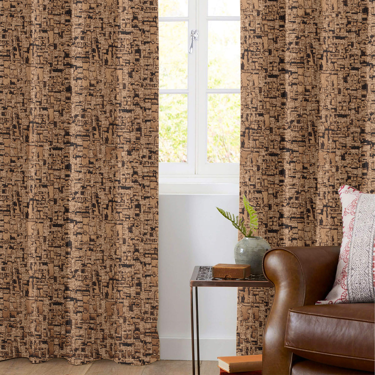 Honey Brown Self Textured Jacquard Premium Curtain Fabric (Width 48 Inches)