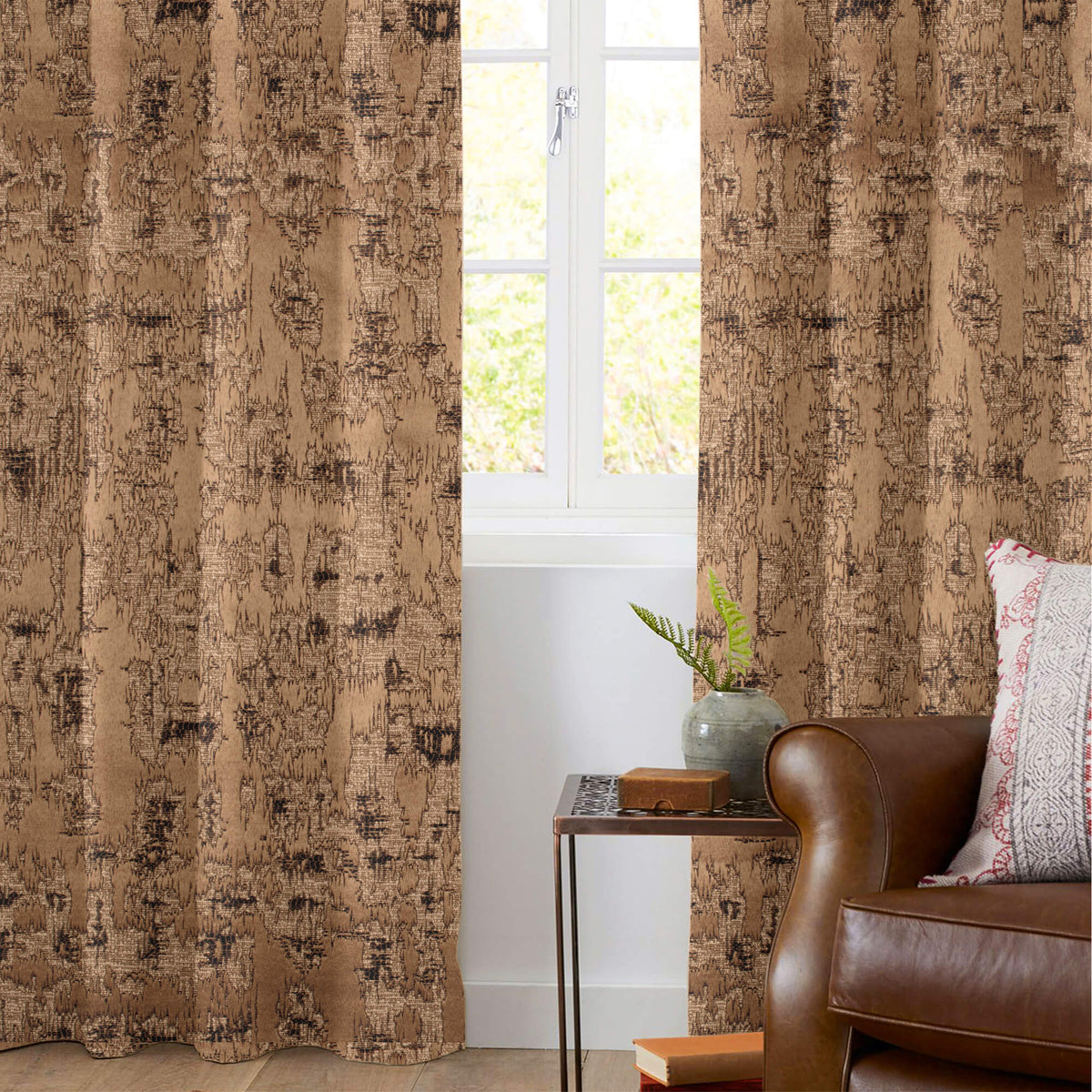 Honey Brown Self Textured Jacquard Premium Curtain Fabric (Width 48 Inches)