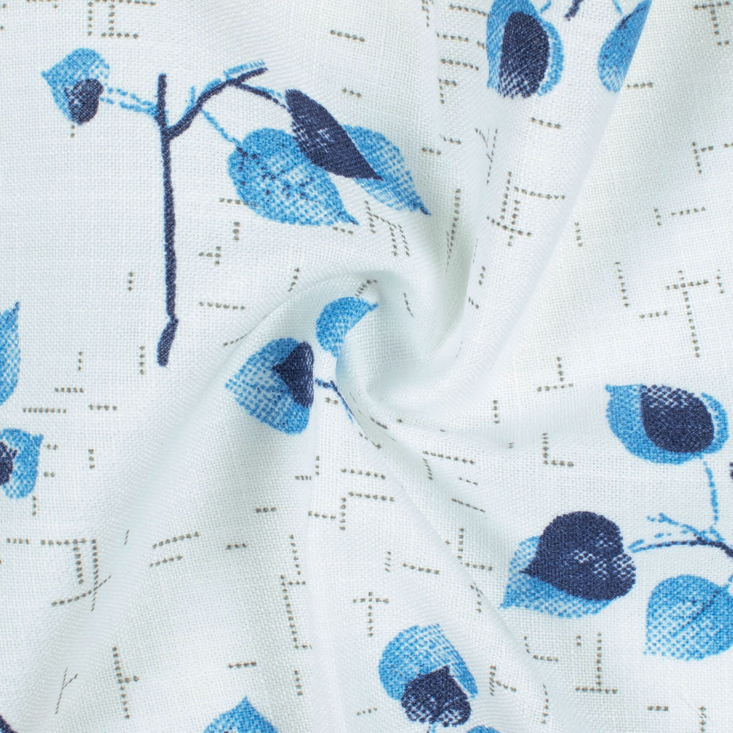 White And Curious Blue Leaf Pattern Printed Poly Spun Exclusive Shirting Fabric (Width 36 Inches)