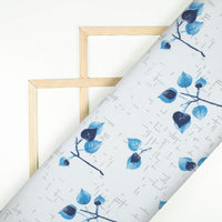 White And Curious Blue Leaf Pattern Printed Poly Spun Exclusive Shirting Fabric (Width 36 Inches)