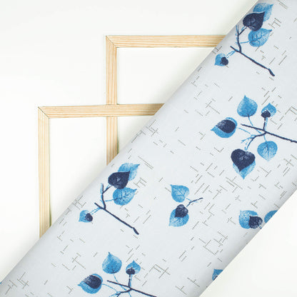 White And Curious Blue Leaf Pattern Printed Poly Spun Exclusive Shirting Fabric (Width 36 Inches)
