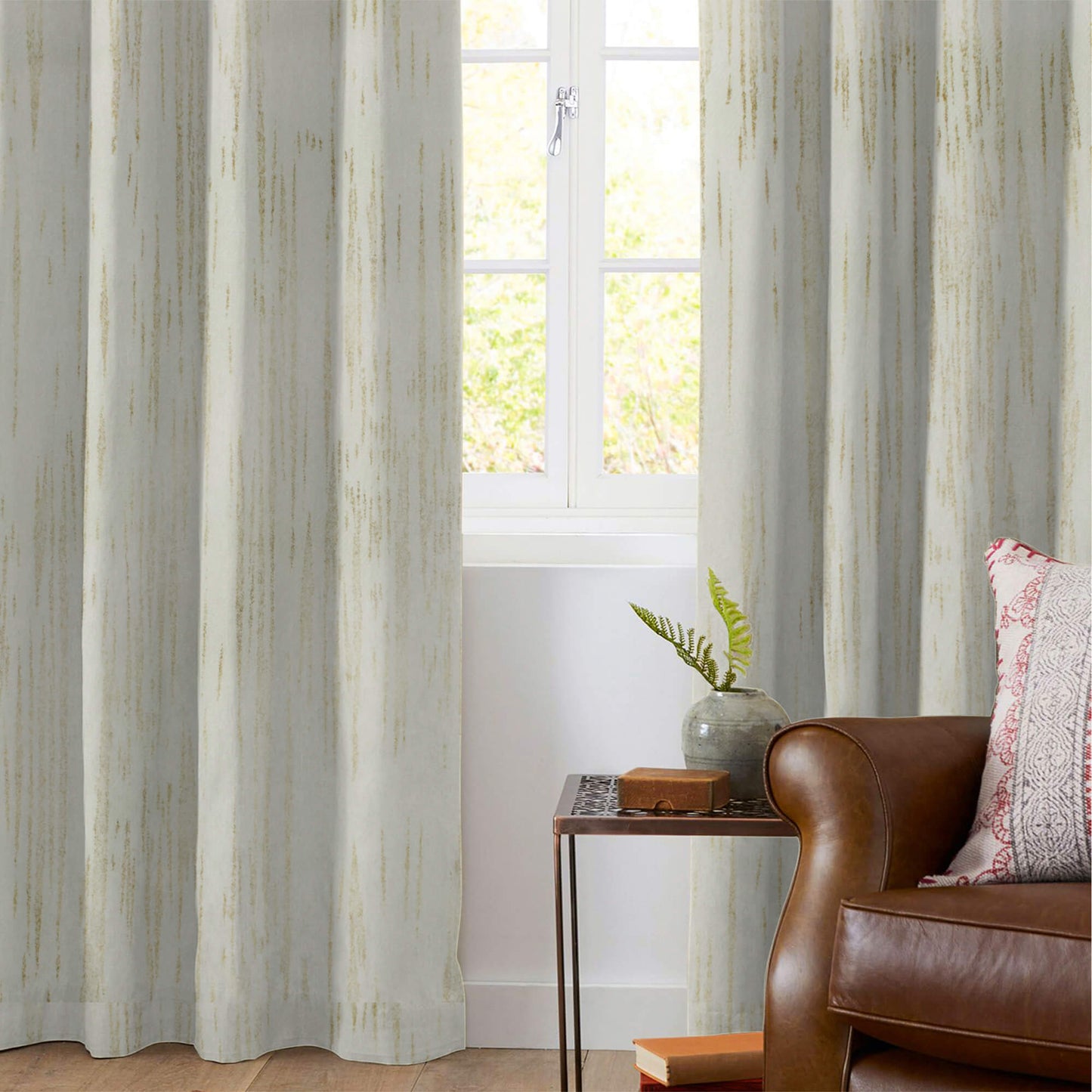 Off White Textured Golden Foil Premium Curtain Fabric (Width 54 Inches)
