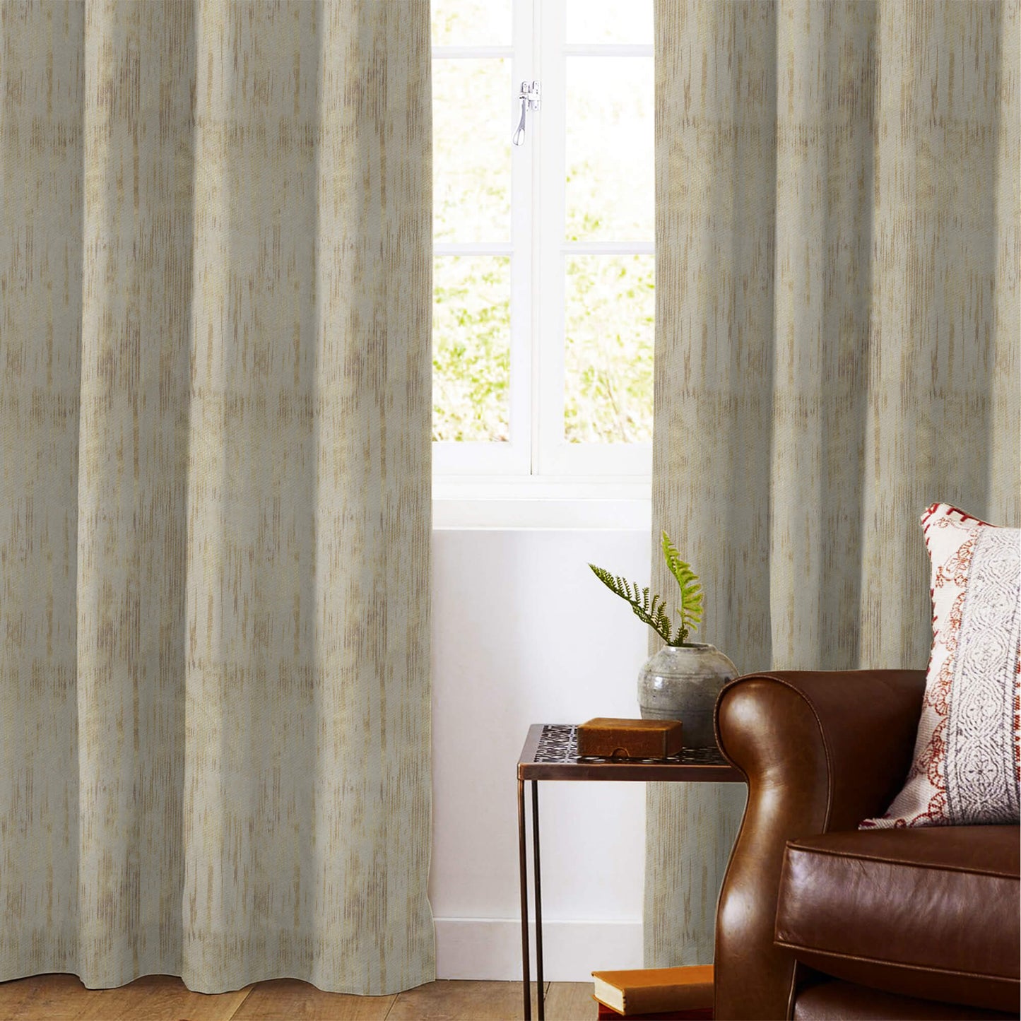 Wheat Brown Textured Golden Foil Premium Curtain Fabric (Width 54 Inches)