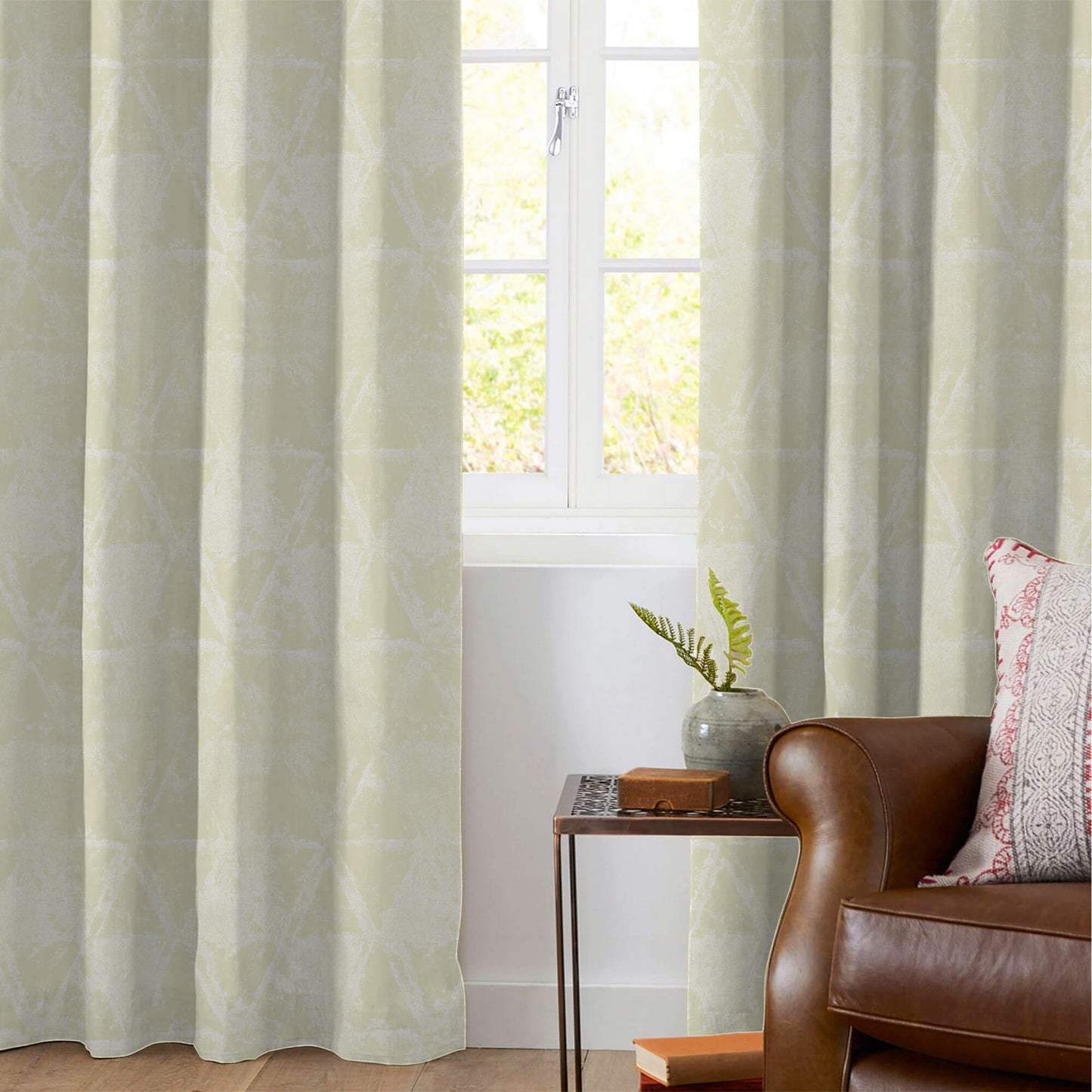 White Geometric Pattern Silver Foil Premium Curtain Fabric (Width 54 Inches)