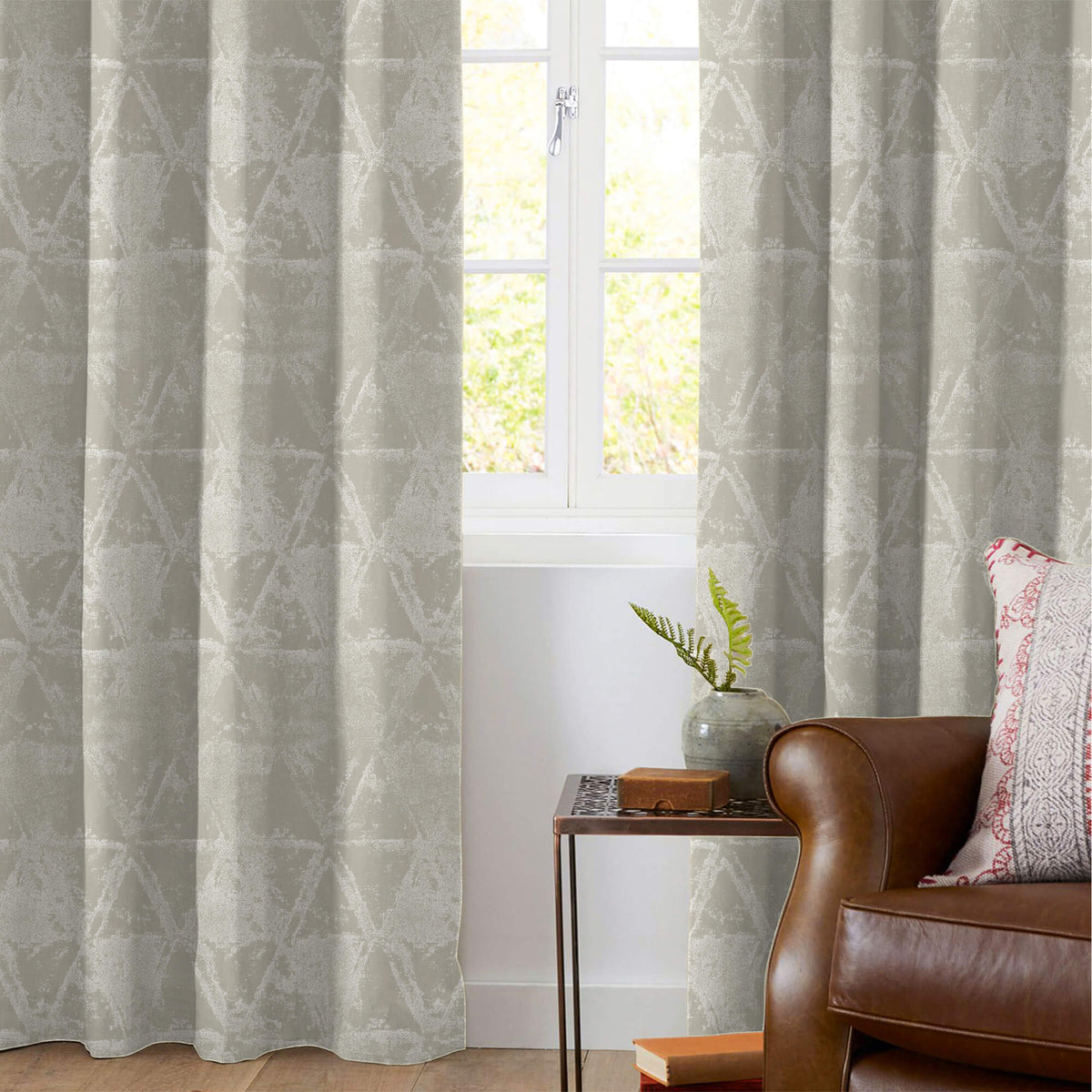 Rino Grey Geometric Pattern Silver Foil Premium Curtain Fabric (Width 54 Inches)