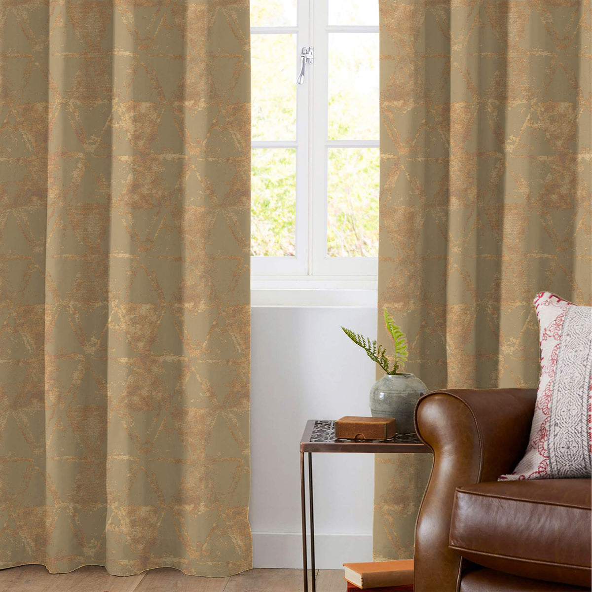 Camel Brown Geometric Pattern Golden Foil Premium Curtain Fabric (Width 54 Inches)