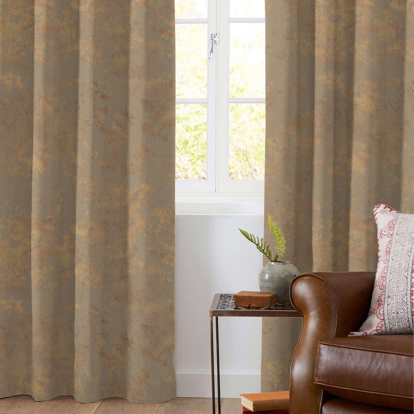 Rustic Taupe Brown Abstract Pattern Golden Foil Premium Curtain Fabric (Width 54 Inches)