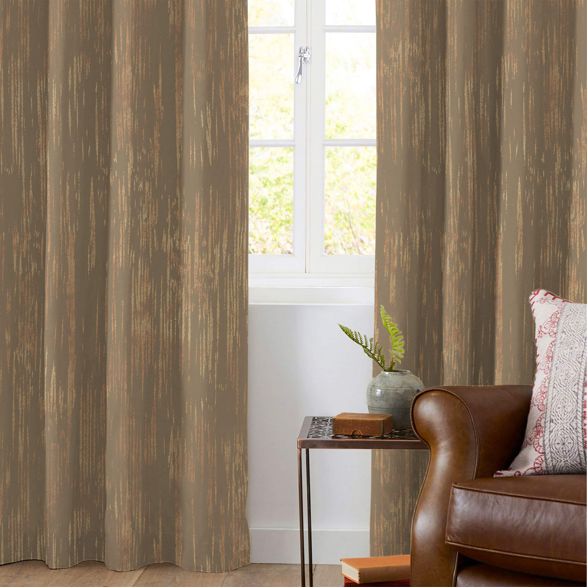 Rustic Taupe Brown Textured Golden Foil Premium Curtain Fabric (Width 54 Inches)