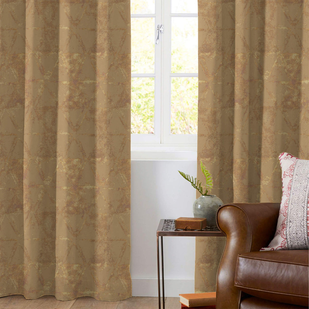 Tawny Brown Geometric Pattern Golden Foil Premium Curtain Fabric (Width 54 Inches)