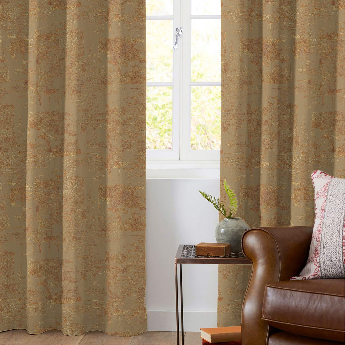 Tawny Brown Abstract Pattern Golden Foil Premium Curtain Fabric (Width 54 Inches)