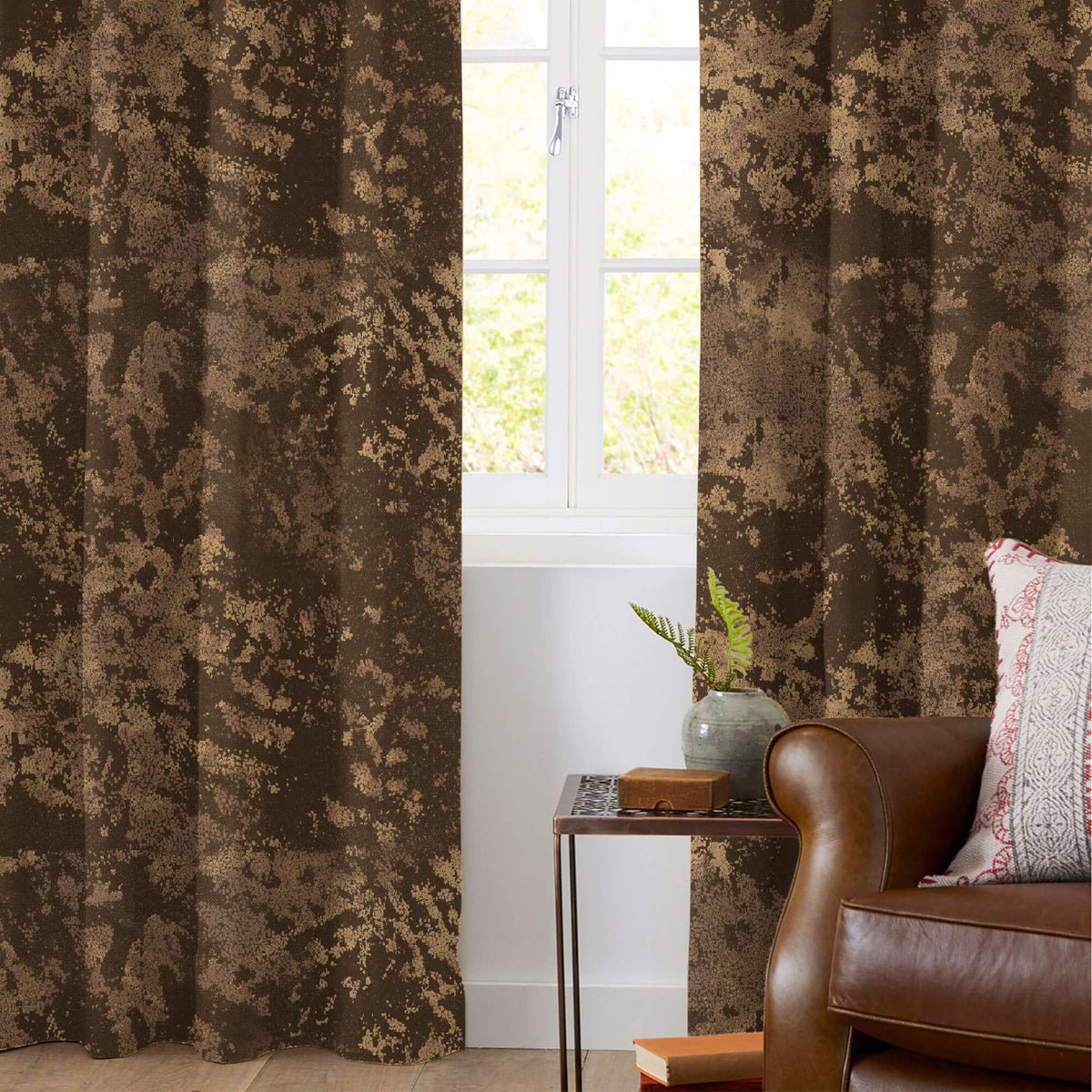 Umber Brown Abstract Pattern Golden Foil Premium Curtain Fabric (Width 54 Inches)