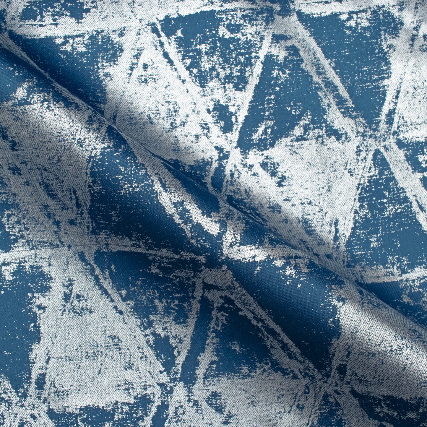 Regal Blue Geometric Pattern Silver Foil Premium Curtain Fabric (Width 54 Inches)