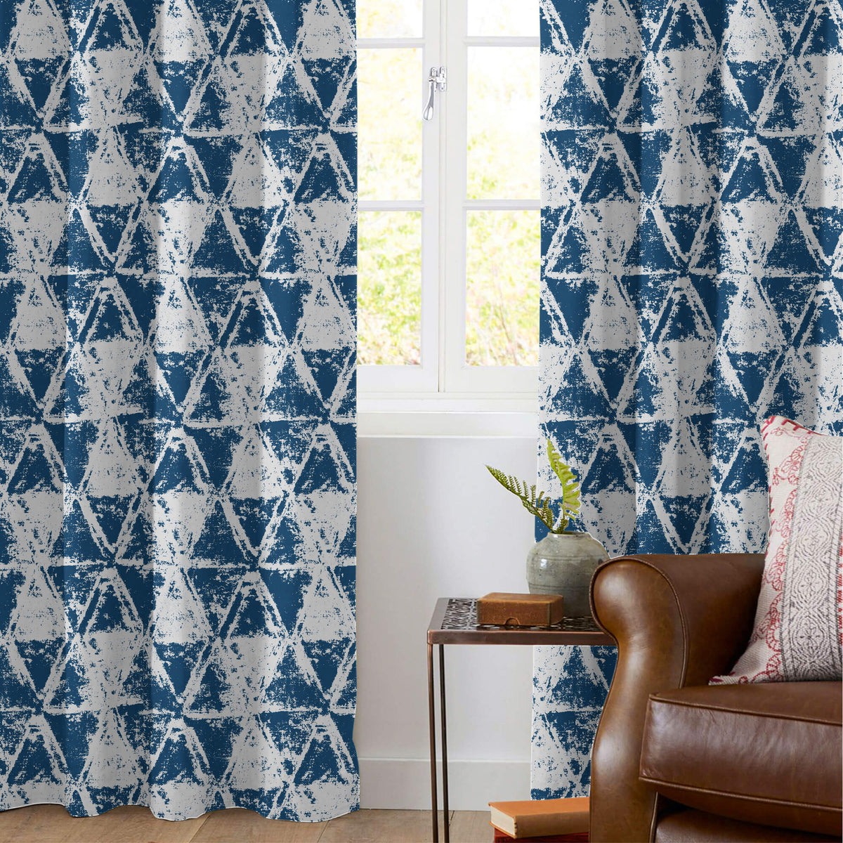 Regal Blue Geometric Pattern Silver Foil Premium Curtain Fabric (Width 54 Inches)