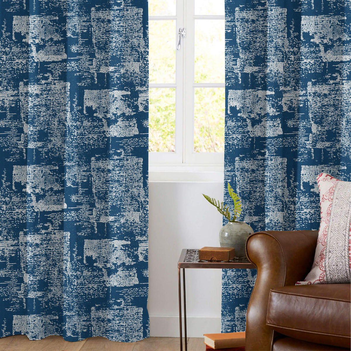 Regal Blue Abstract Pattern Silver Foil Premium Curtain Fabric (Width 54 Inches)
