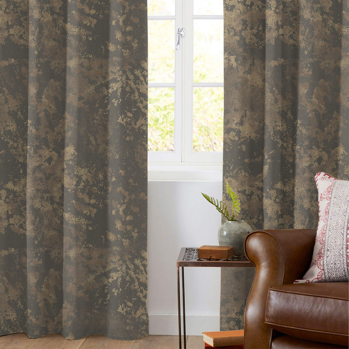 Lava Grey Abstract Pattern Golden Foil Premium Curtain Fabric (Width 54 Inches)