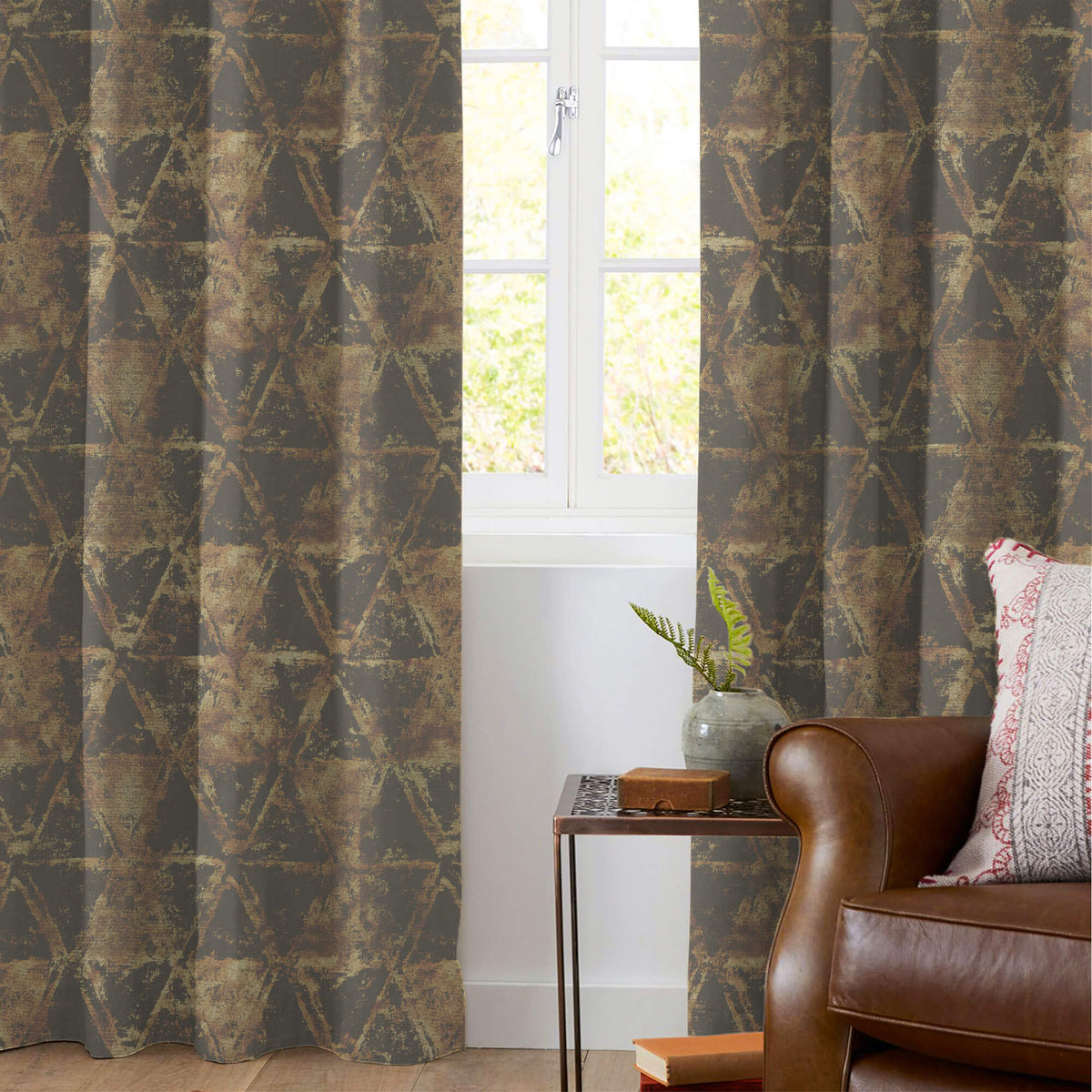 Lava Grey Geometric Pattern Golden Foil Premium Curtain Fabric (Width 54 Inches)