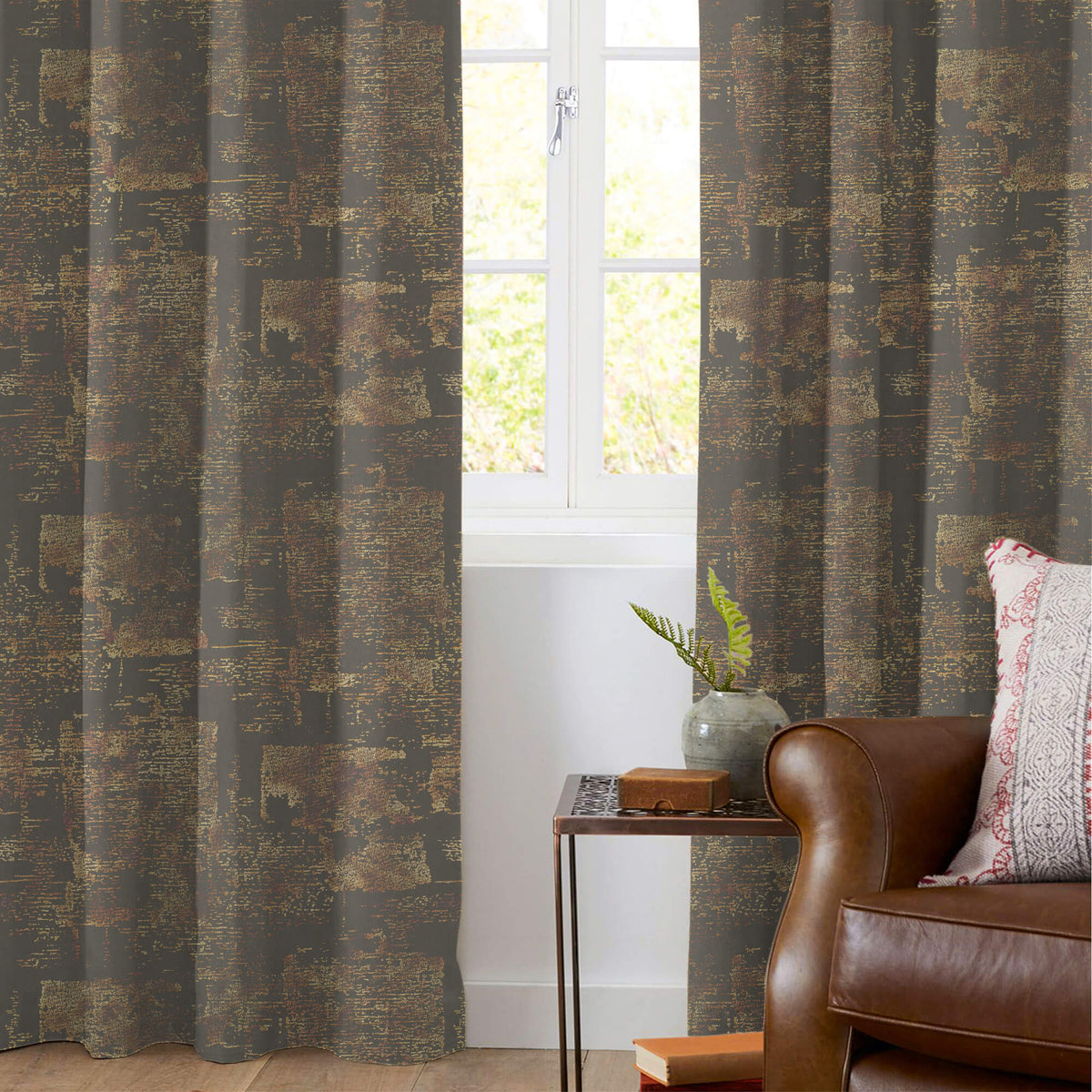 Lava Grey Abstract Pattern Golden Foil Premium Curtain Fabric (Width 54 Inches)