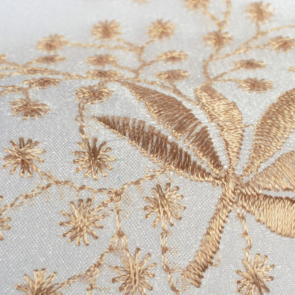White And Tan Brown Floral Pattern Embroidery Organza Tissue Premium Sheer Fabric (Width 48 Inches)