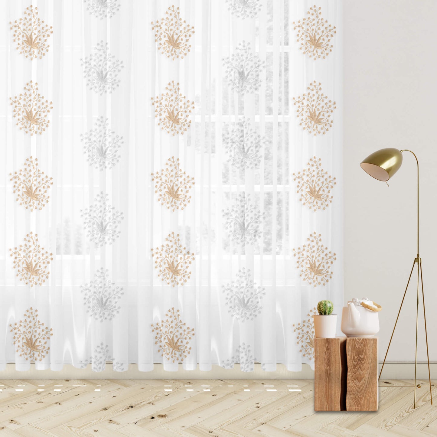 White And Tan Brown Floral Pattern Embroidery Organza Tissue Premium Sheer Fabric (Width 48 Inches)