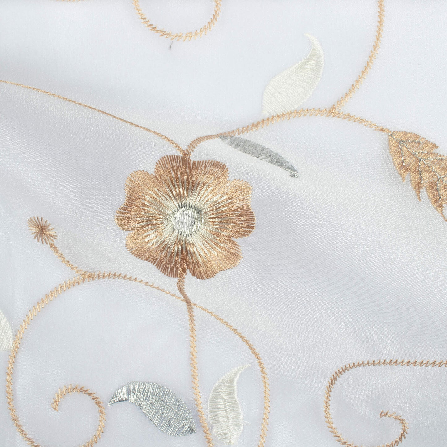 White And Tan Brown Floral Pattern Silver Zari Embroidery Organza Tissue Premium Sheer Fabric (Width 48 Inches)