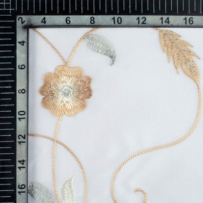 White And Tan Brown Floral Pattern Silver Zari Embroidery Organza Tissue Premium Sheer Fabric (Width 48 Inches)