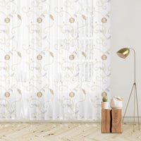 White And Tan Brown Floral Pattern Silver Zari Embroidery Organza Tissue Premium Sheer Fabric (Width 48 Inches)