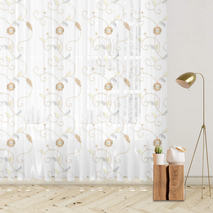 White And Tan Brown Floral Pattern Silver Zari Embroidery Organza Tissue Premium Sheer Fabric (Width 48 Inches)
