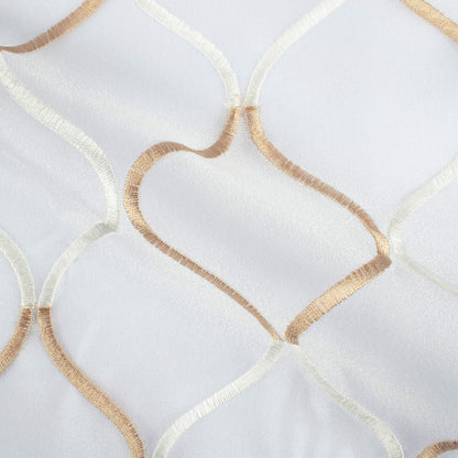 White And Tan Brown Trellis Pattern Embroidery Organza Tissue Premium Sheer Fabric (Width 48 Inches)