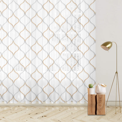 White And Tan Brown Trellis Pattern Embroidery Organza Tissue Premium Sheer Fabric (Width 48 Inches)