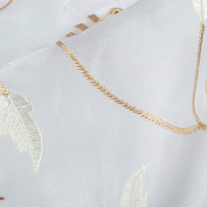 White And Tan Brown Floral Pattern Embroidery Organza Tissue Premium Sheer Fabric (Width 48 Inches)
