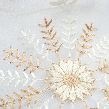 White And Tan Brown Floral Pattern Embroidery Organza Tissue Premium Sheer Fabric (Width 48 Inches)